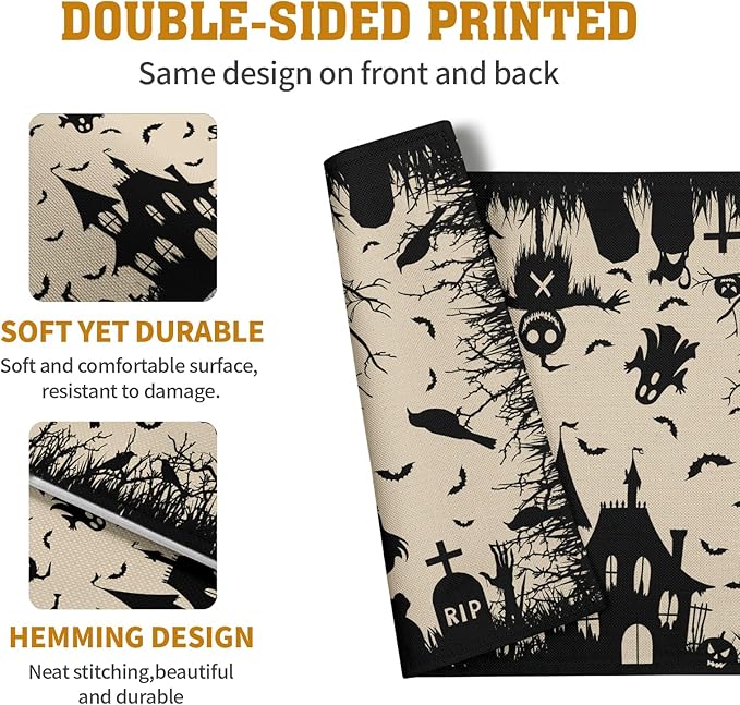 Halloween Placemats 12x18 Inch Set of 4 Black White Witch Castle Ghost Place - Image 5