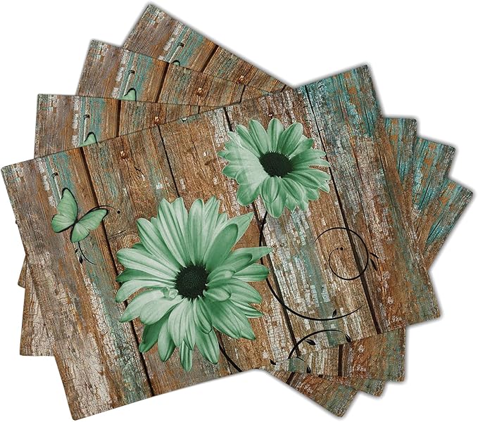 Giwawa Rustic Daisy Placemats Set of 4- Green Sunflowers on Vintage Wood Board - Image 2