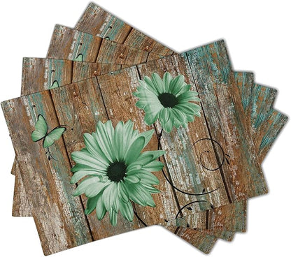 Giwawa Rustic Daisy Placemats Set of 4- Green Sunflowers on Vintage Wood Board - Image 2
