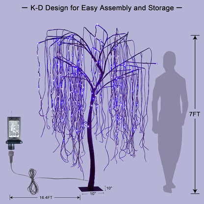 7 FT Halloween Lighted Willow Tree 256 LED Purple Lights Artificial Weeping Willow Tree with 6 Spiders Outdoor Indoor Decoration Christmas Festival Decor