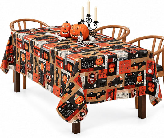 Newbridge Halloween Rustic Spooky Farm 60 x 120 Inch Rectangle Vinyl Tablecloth with Flannel Backing, Vintage Halloween Truck and Pumpkin Design, Easy Care Wipe Clean Table Cover