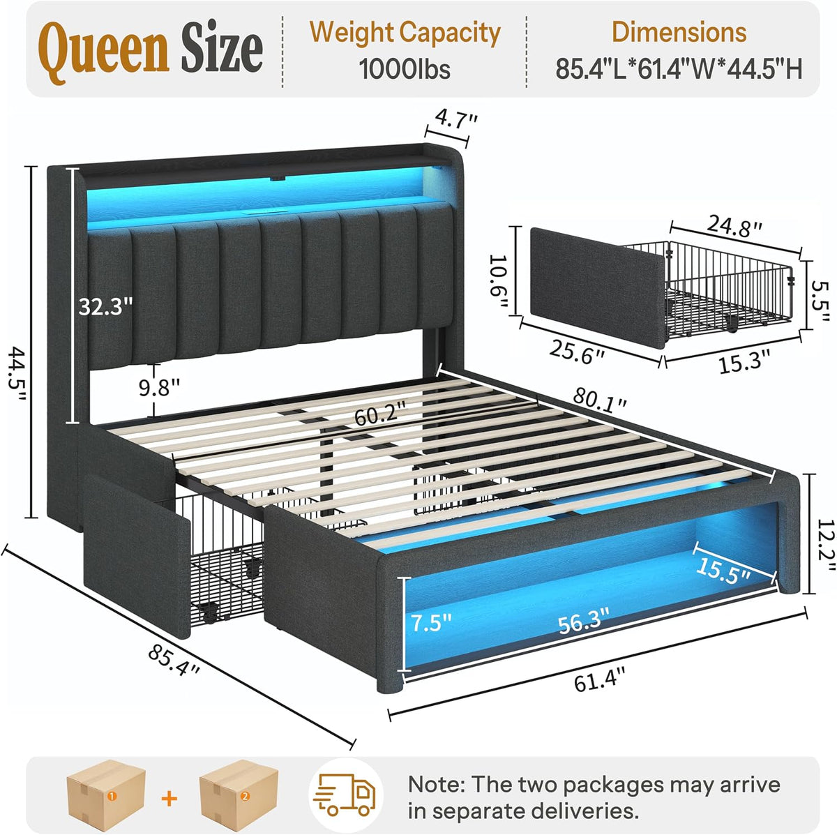 queen size bed frame with upholstered wingback headboard shown in use