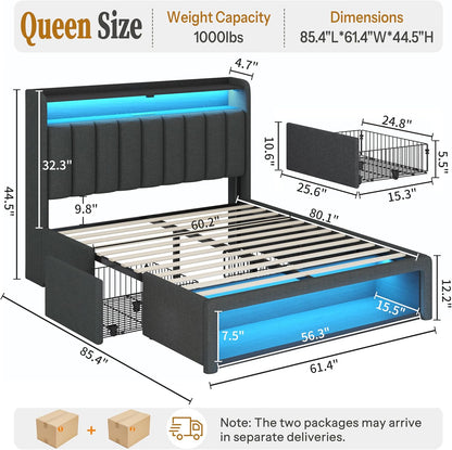 queen size bed frame with upholstered wingback headboard shown in use