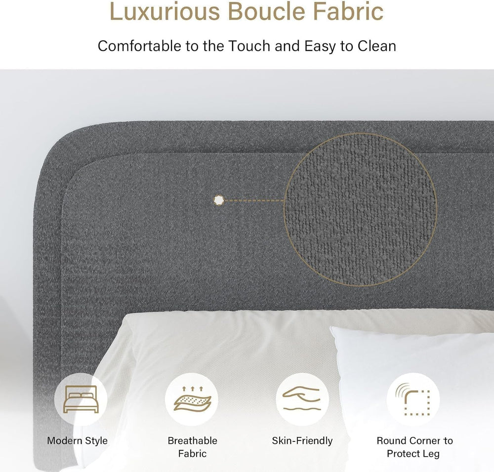 BarnFurin Full Bed Frame, Cloud Boucle Headboard, Low Profile, Dark Grey