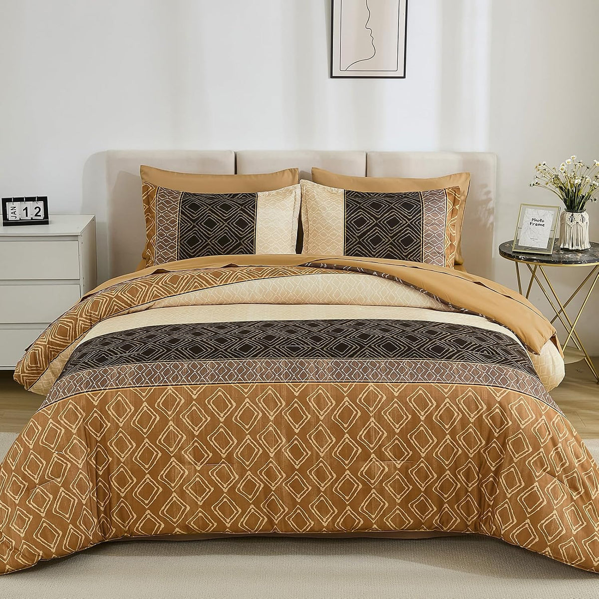 dinjoy full size comforter sets boho,brown striped bedding shown in use