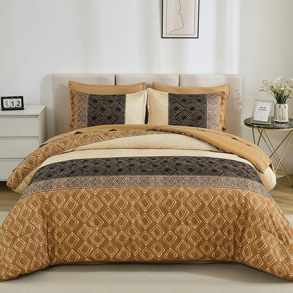 dinjoy full size comforter sets boho,brown striped bedding shown in use