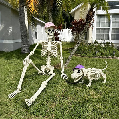 36'' Halloween Skeleton Decoration with Dog: Posable Skeleton Glowing Eyes