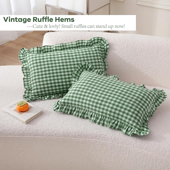 2 Pack Christmas Green White Plaid Ruffle Gingham Lumbar Throw Pillow Covers - Image 3
