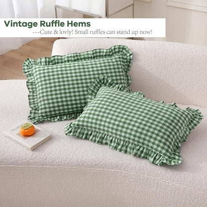 2 Pack Christmas Green White Plaid Ruffle Gingham Lumbar Throw Pillow Covers - Image 3