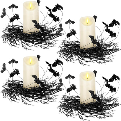 Yunlly 4 Pcs Halloween Candle Rings Wreath Black Black Twig Bat, Bat