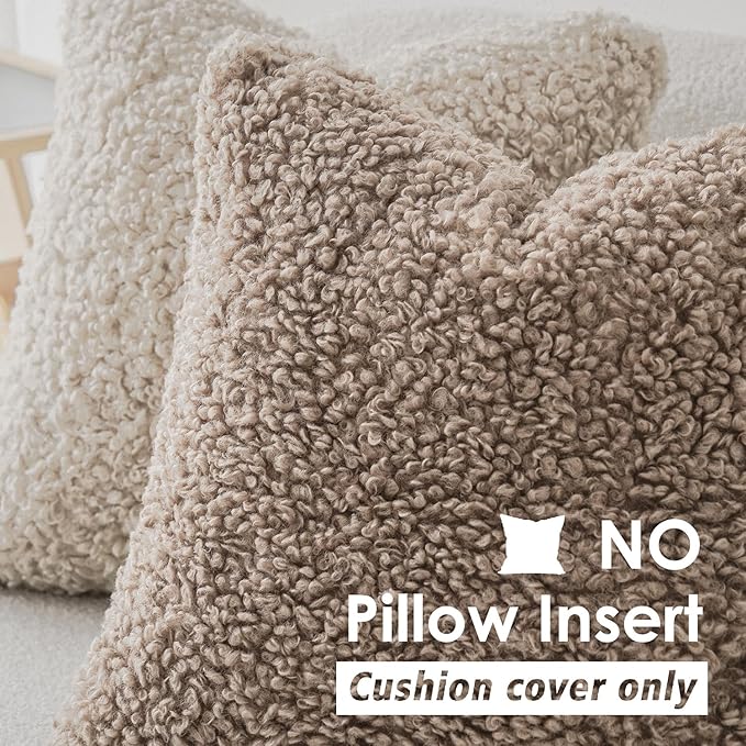 Foindtower 2 Pieces 24x24 Inch Khaki, Faux Fur Throw Pillow Cover Accent Sherpa - Image 3