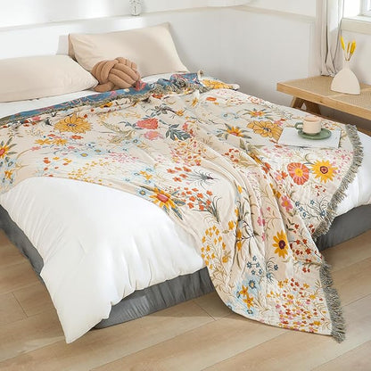 MSGKV Boho Throw Blanket for Couch Chair 100% Cotton Floral Blanket 50"x60" - Image 2
