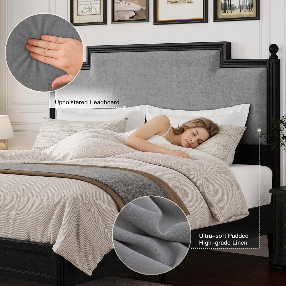 king size bed frame with 50.2" tall upholstered, close-up detail