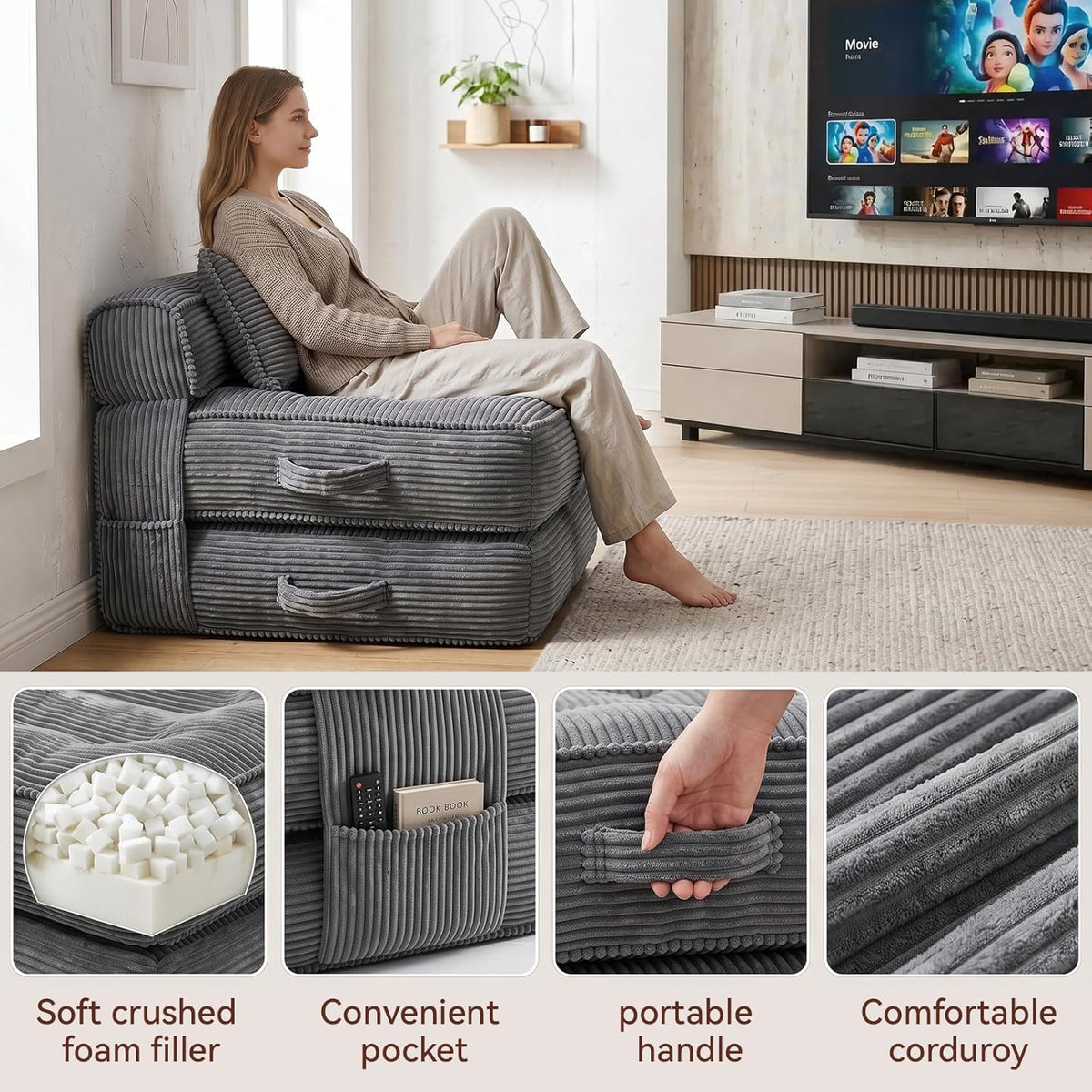 folding sofa bed, convertible sleeper chair with pillow(grey), side view