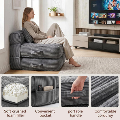 folding sofa bed, convertible sleeper chair with pillow(grey), side view