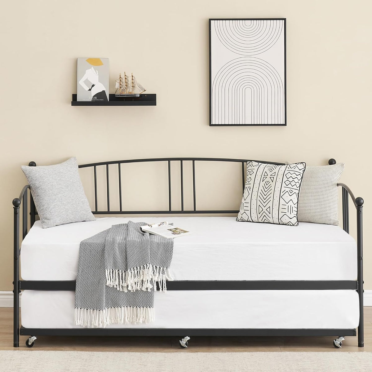 idealhouse twin daybed with trundle, metal twin size showing dimensions