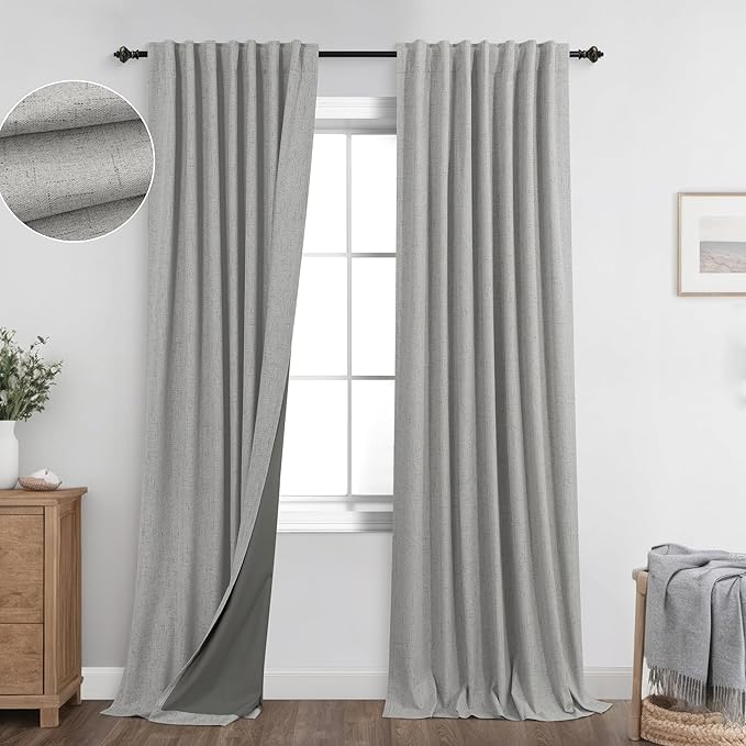 KOUFALL Light Grey Back Tab Linen Blackout Curtains 92 Inches Long by KOUFALL