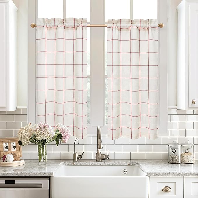 DriftAway Kitchen Curtains Striped Tier Linen Short Curtains Windowpane Plaid by DriftAway