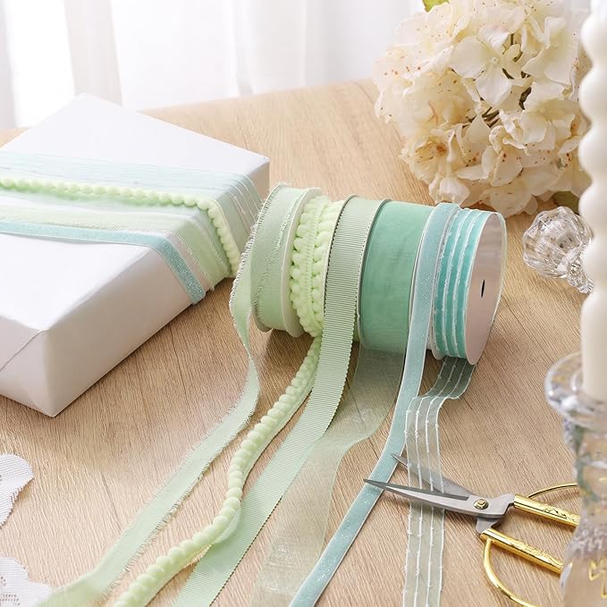 LaRibbons Green Ribbons for Crafts 6 Rolls Assorted Mint Green Ribbons for Gift - Image 3