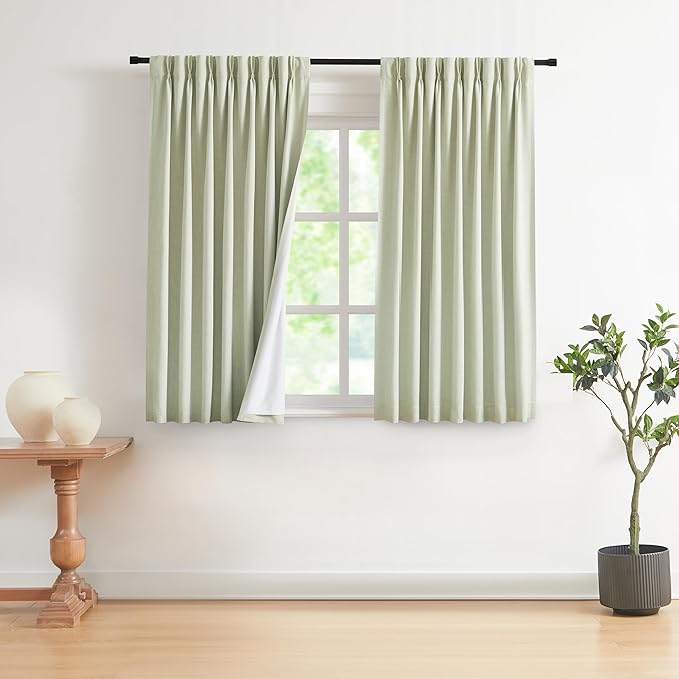 Vision Home Soft Green Pinch Pleated Full Blackout Curtains Linen Blended Room by VisionHome