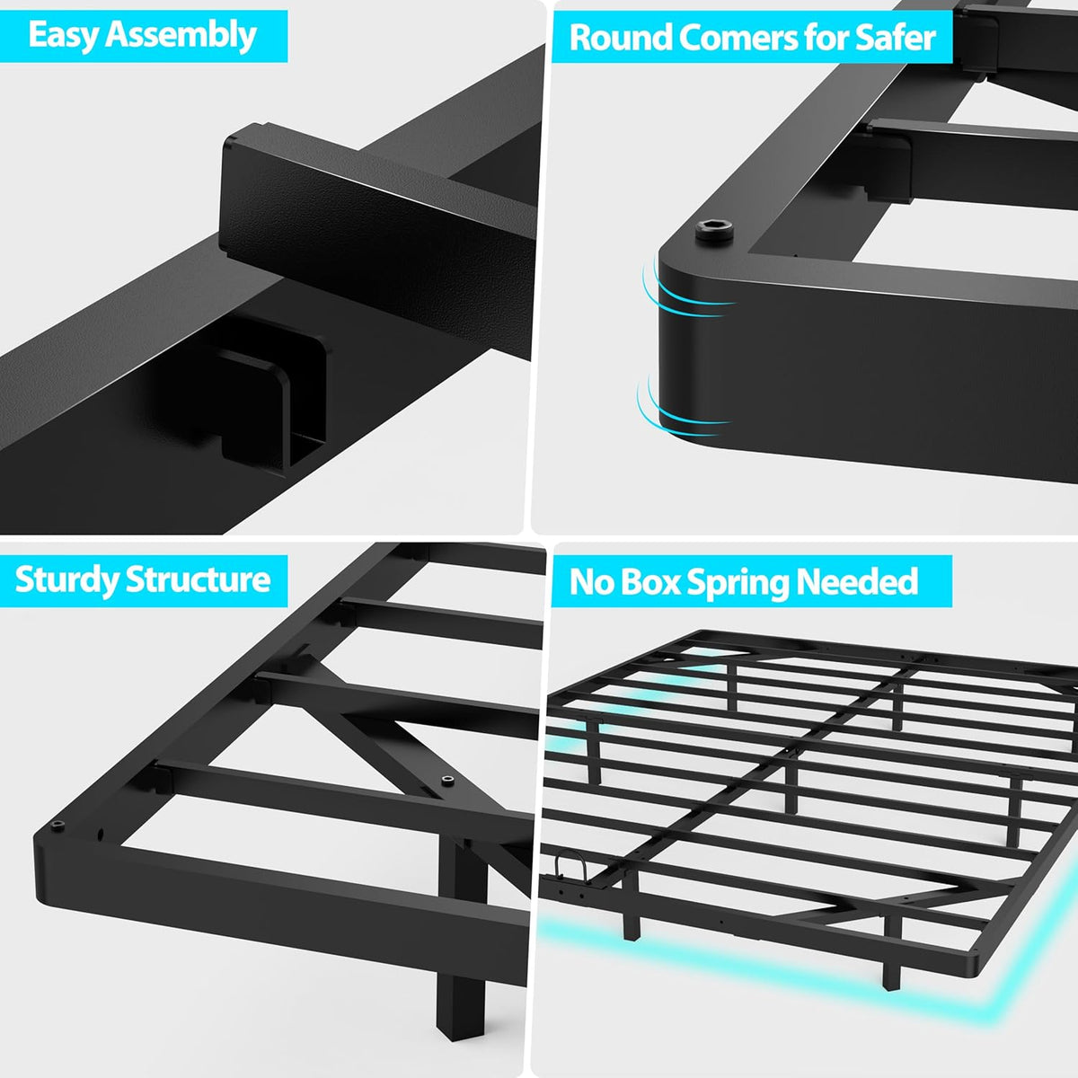 floating bed frame with smart led lights metal, front angle view