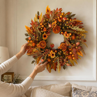 Fall Wreath for Front Door 26 Inch, Autumn Harvest Wreath Sunflowers Roses Acorns Berries, Thanksgiving Halloween Farmhouse Rustic Grapevine Twig Decor