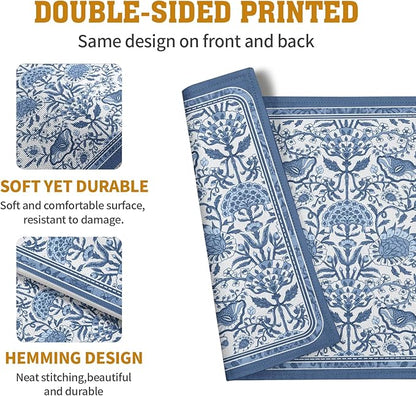 Blue Floral Boho Placemats Set of 4, 12x18 Inch Vintage Chinoiserie Block Print - Image 5