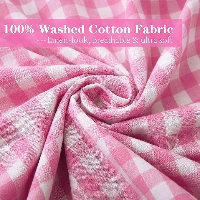 2 Pack Pink and White Plaid Ruffle Gingham King Size Pillow Shams, 100% Washed - Image 7