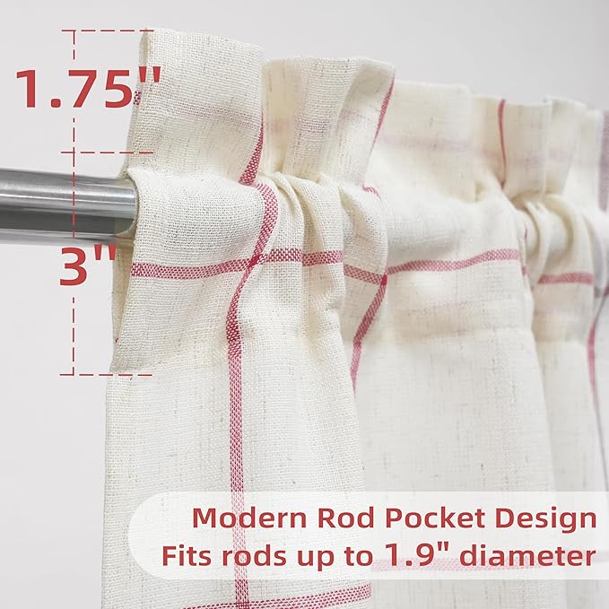 DriftAway Kitchen Curtains Striped Tier Linen Short Windowpane Plaid Cafe - Image 3