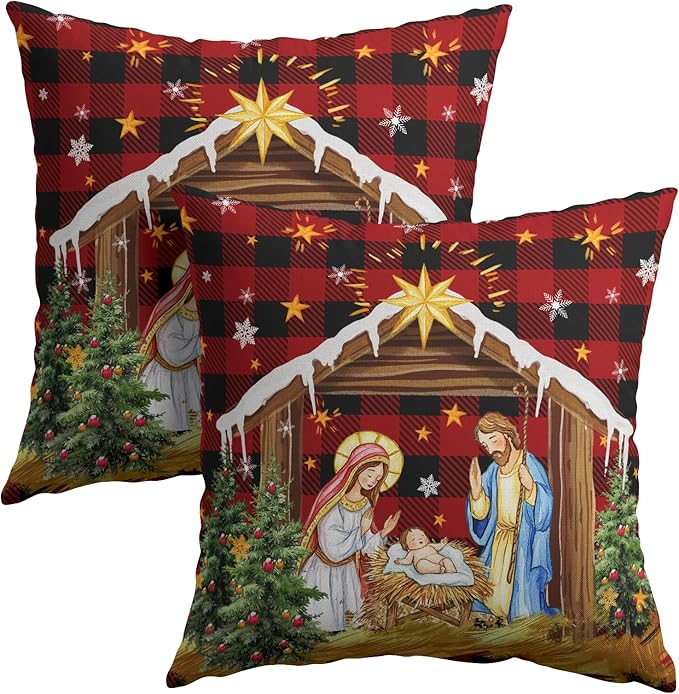 Jesus Nativity Throw Pillow Cover 16x16 Inch Set of 2 Xmas Red Buffalo Plaid by Granbey