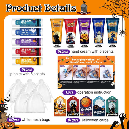 60 Pack Halloween Hand Cream and Lip Balm Set for Women, Halloween Gifts