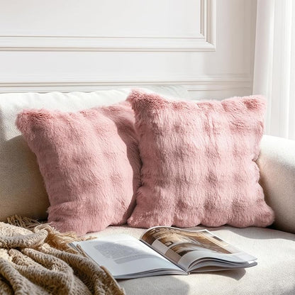 Pack of 2 Faux Rabbit Fur Pillow Covers 18x18 Inch – Cozy Super Soft Fuzzy by DENNYLIFE