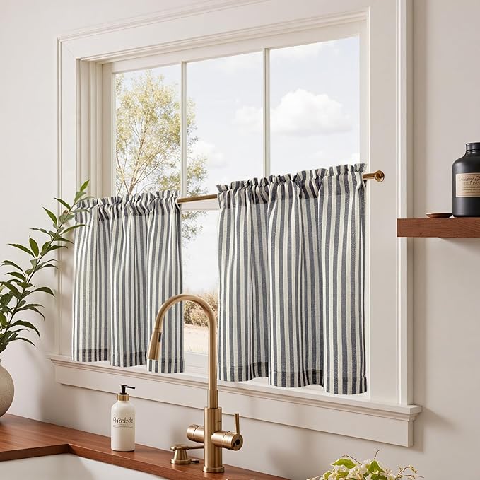 jinchan Striped Linen Kitchen Curtains 24 Inches Tier Curtains Farmhouse Modern - Image 2