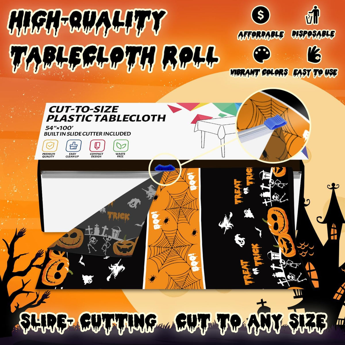 54 Inch X 100 Feet Plastic Table Cover Roll Disposable Halloween Tablecloth with Slide Cutter Pumpkin Ghost Plastic Table Covers for Halloween Party Decorations(Halloween Table Runner, 100Feet)
