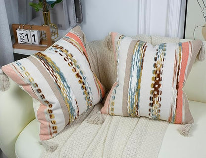 PANOD Chenille Farmhouse Throw Pillow Covers 18 x 18 Orange, Neutral Boucle - Image 2