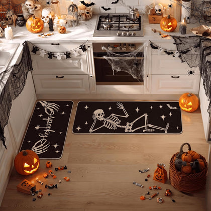 Artoid Mode Spooky Skeleton Spider Bone Black Halloween Kitchen Mats Set of 2, Black Home Decor Low-Profile Kitchen Rugs for Floor - 17x29 and 17x47 Inch