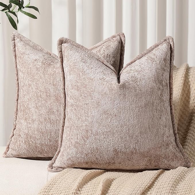 Pack of 2 Khaki Decorative Throw Pillow Covers 18x18 Cozy Soft Chenille Accent by DEZENE