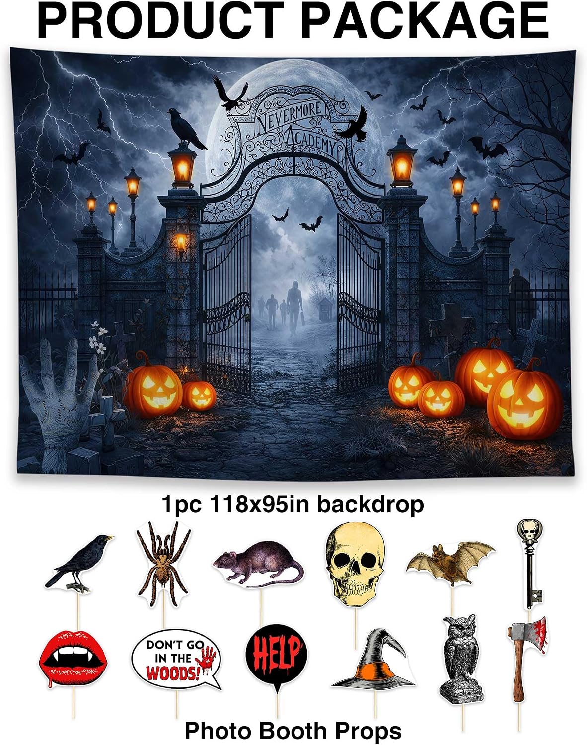 Allenjoy 118" x 95" Halloween Horror Photography Backdrop with Photo Booth Props, Party Decorations, Supplies and Favors