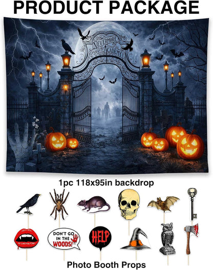 Allenjoy 118" x 95" Halloween Horror Photography Backdrop with Photo Booth Props, Party Decorations, Supplies and Favors