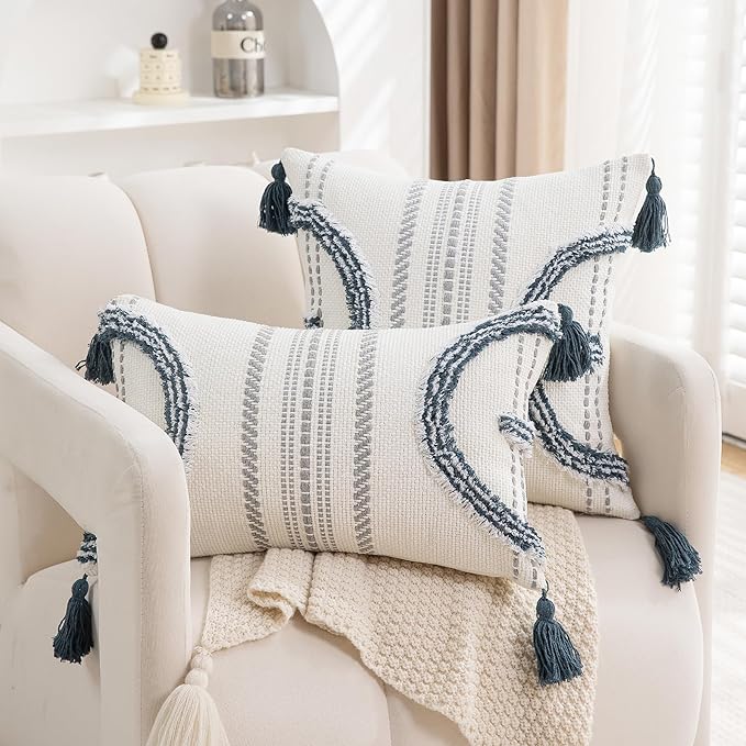 Boho Throw Pillow Covers 12x20 Set of 2 Cotton Woven Tufted Farmhouse Lumbar - Image 3
