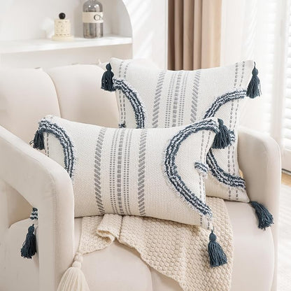 Boho Throw Pillow Covers 18x18 Set of 2 Cotton Woven Tufted Farmhouse Pillows - Image 3