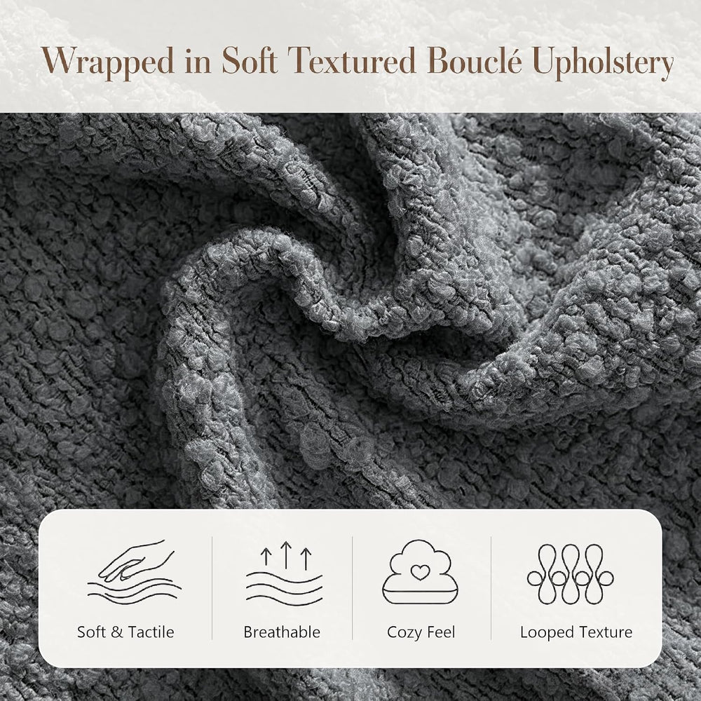 Full Bed Frame, Cloud Boucle Headboard, Low Profile, Light Grey