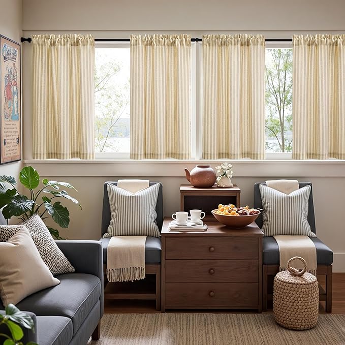 jinchan Striped Linen Kitchen Curtains 36 Inches Length Tier Curtains Farmhouse - Image 3
