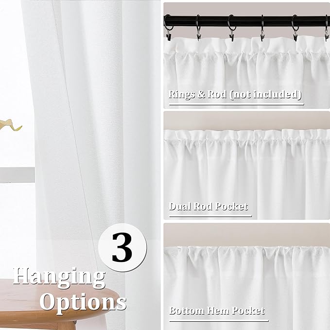 Gwine White Short Curtains 24 Inch Length 2 Panels, Light Filtering Textured - Image 4