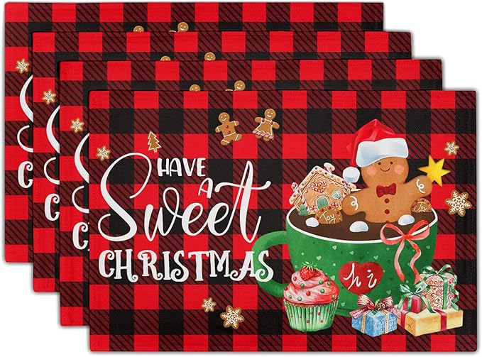 Giwawa Gingerbread Placemats Set of 4, Have A Sweet Christmas Red Black Buffalo by Giwawa