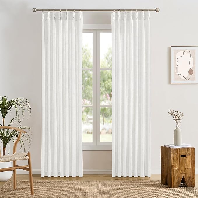 White Linen Pinch Pleated Semi Sheer Curtains 2 Panels 120 Inches Long - Image 2