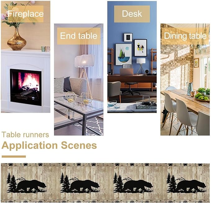 Bear Table Runner, Wild Animals Rustic Cabin Forest Bear Print Wooden Board - Image 5