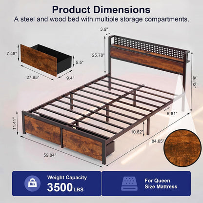 queen bed frame with 2 drawers, platform bed shown in use