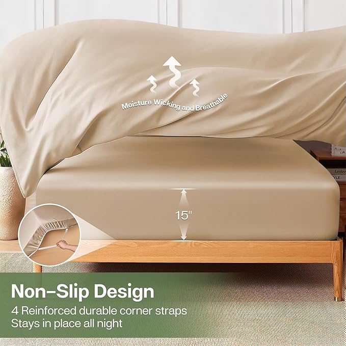 MR&HM Fitted Sheet & Pillowcase Set Queen, 3-Piece Blend Rayon Derived from - Image 5