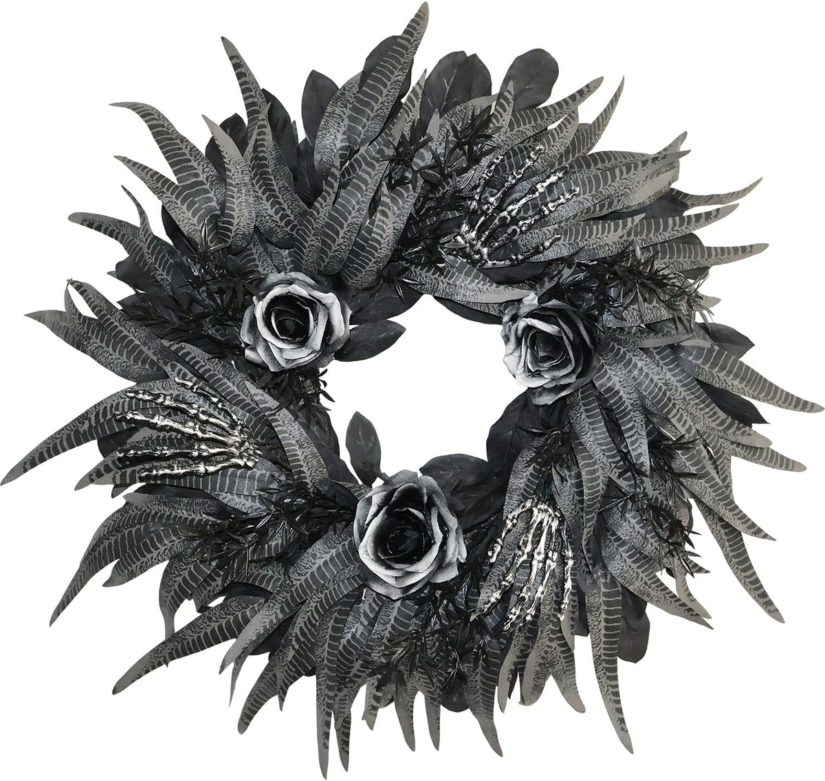 24 Inch Black and Silver Rose Halloween Wreath with 3 Skeleton Hands